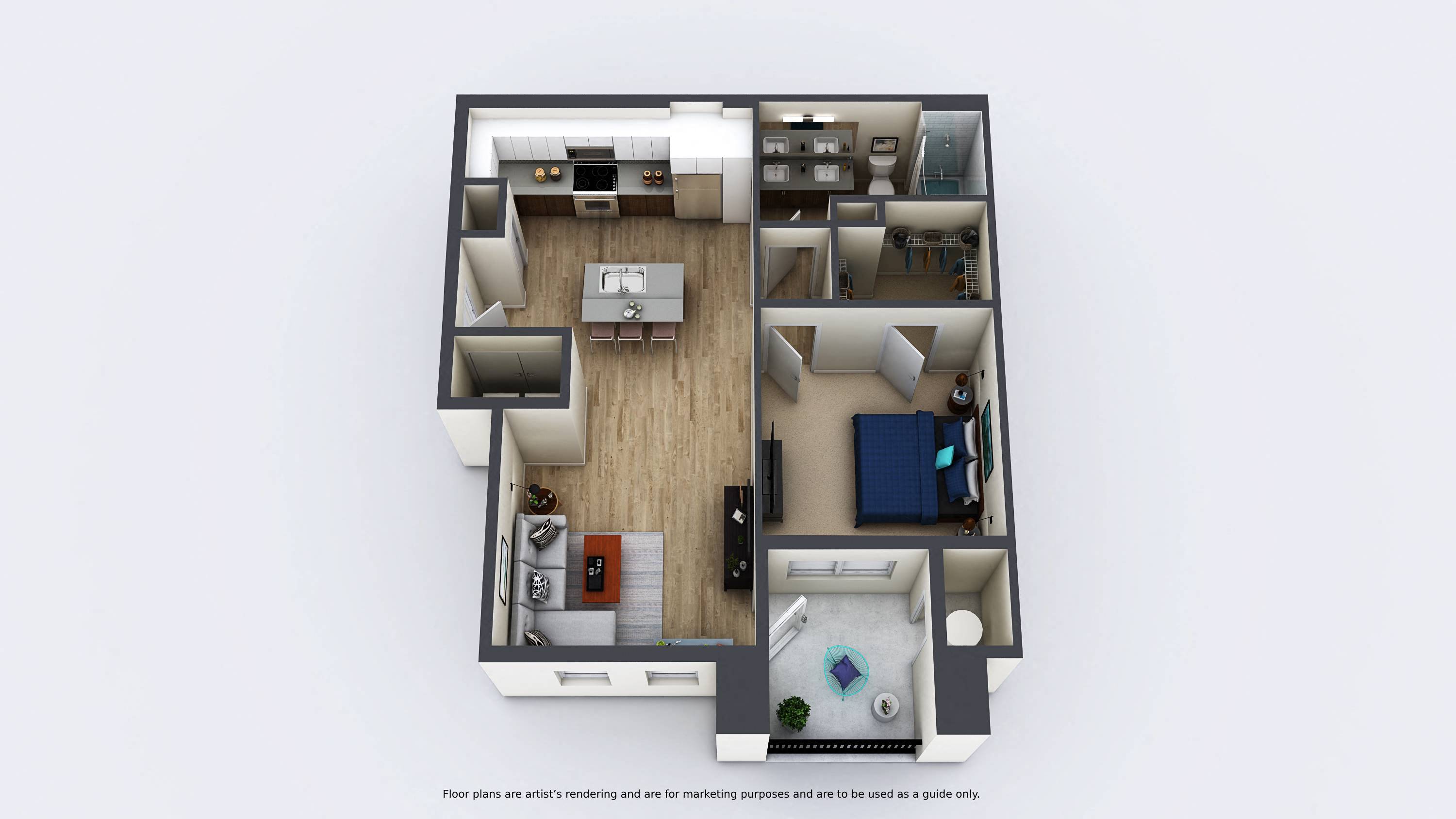 Floor plan for 1 bed, 1 bath, 776 sqft